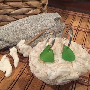 Emerald Green Sea Glass Hoop Earrings